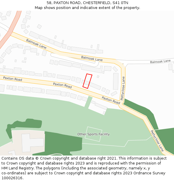 58, PAXTON ROAD, CHESTERFIELD, S41 0TN: Location map and indicative extent of plot
