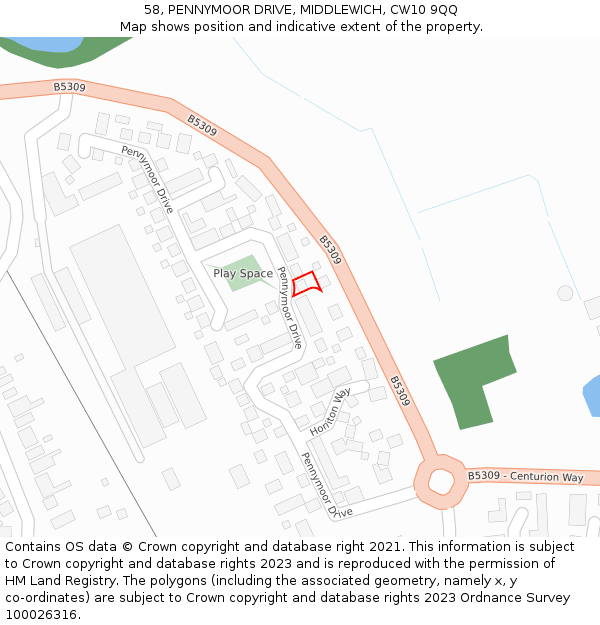 58, PENNYMOOR DRIVE, MIDDLEWICH, CW10 9QQ: Location map and indicative extent of plot