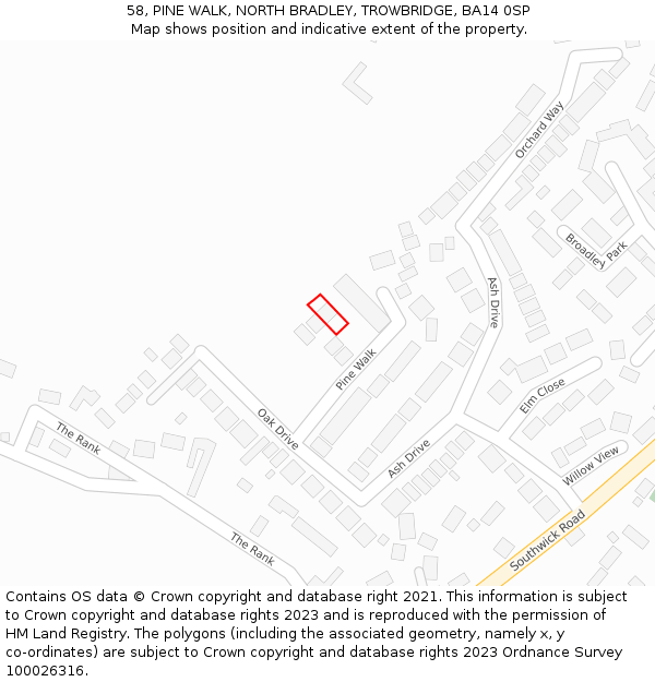 58, PINE WALK, NORTH BRADLEY, TROWBRIDGE, BA14 0SP: Location map and indicative extent of plot