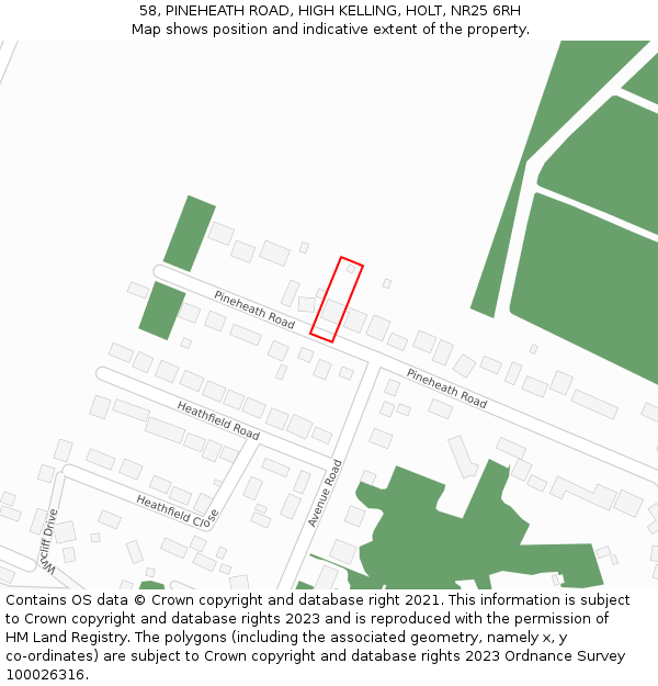 58, PINEHEATH ROAD, HIGH KELLING, HOLT, NR25 6RH: Location map and indicative extent of plot