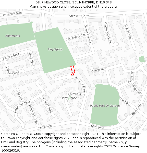 58, PINEWOOD CLOSE, SCUNTHORPE, DN16 3FB: Location map and indicative extent of plot