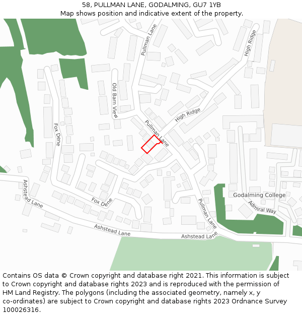 58, PULLMAN LANE, GODALMING, GU7 1YB: Location map and indicative extent of plot