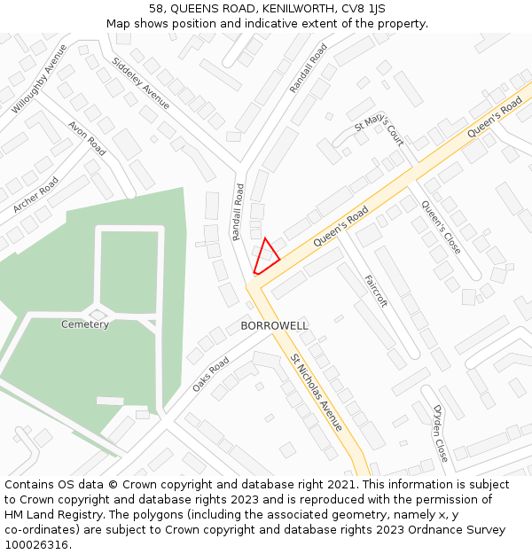 58, QUEENS ROAD, KENILWORTH, CV8 1JS: Location map and indicative extent of plot