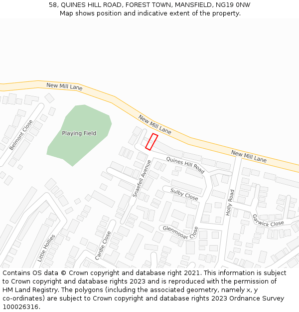 58, QUINES HILL ROAD, FOREST TOWN, MANSFIELD, NG19 0NW: Location map and indicative extent of plot