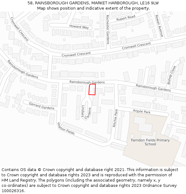 58, RAINSBOROUGH GARDENS, MARKET HARBOROUGH, LE16 9LW: Location map and indicative extent of plot