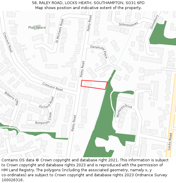 58, RALEY ROAD, LOCKS HEATH, SOUTHAMPTON, SO31 6PD: Location map and indicative extent of plot