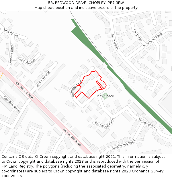 58, REDWOOD DRIVE, CHORLEY, PR7 3BW: Location map and indicative extent of plot