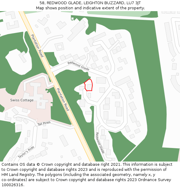 58, REDWOOD GLADE, LEIGHTON BUZZARD, LU7 3JT: Location map and indicative extent of plot