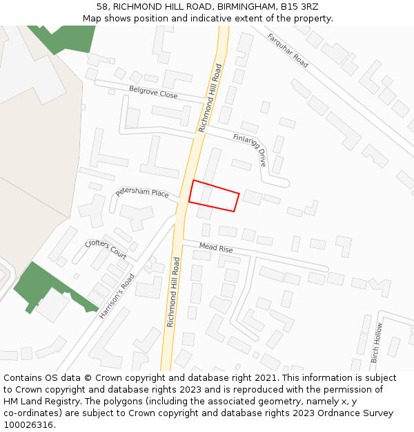 58, RICHMOND HILL ROAD, BIRMINGHAM, B15 3RZ: Location map and indicative extent of plot