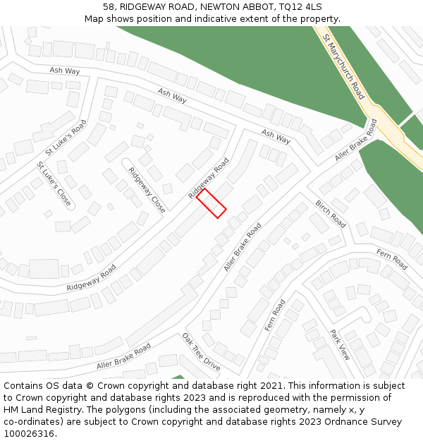 58, RIDGEWAY ROAD, NEWTON ABBOT, TQ12 4LS: Location map and indicative extent of plot