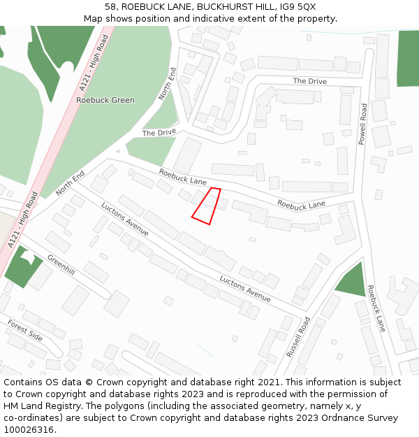 58, ROEBUCK LANE, BUCKHURST HILL, IG9 5QX: Location map and indicative extent of plot
