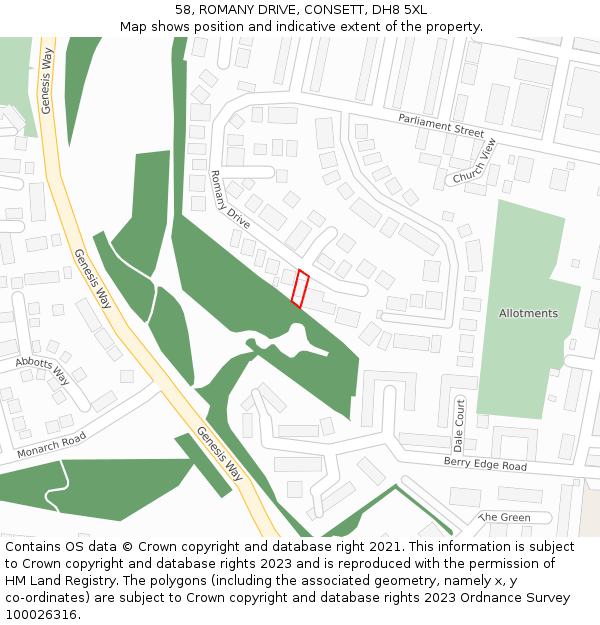 58, ROMANY DRIVE, CONSETT, DH8 5XL: Location map and indicative extent of plot