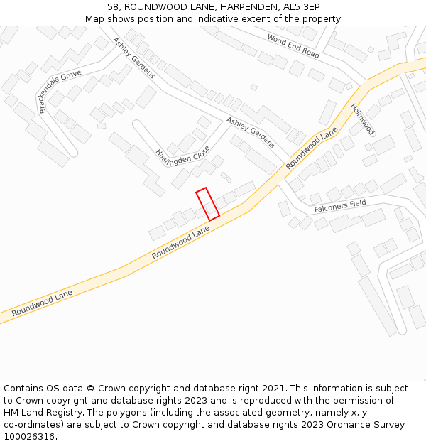 58, ROUNDWOOD LANE, HARPENDEN, AL5 3EP: Location map and indicative extent of plot