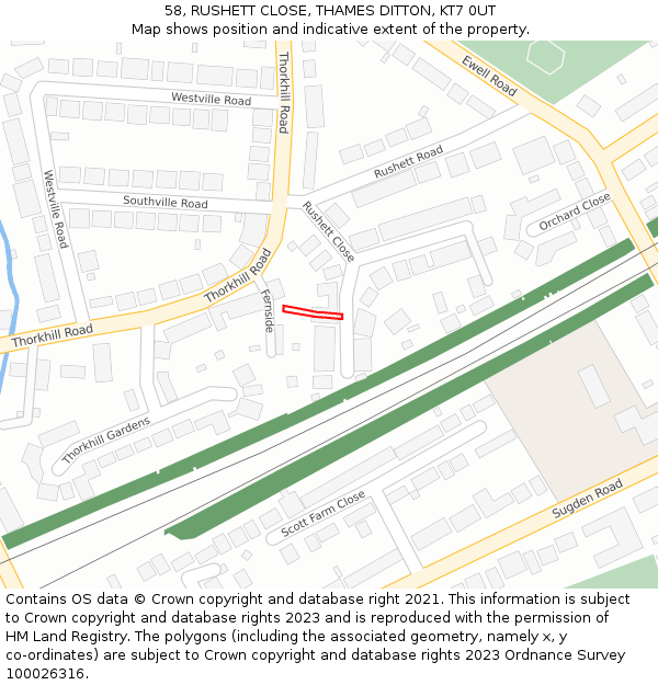 58, RUSHETT CLOSE, THAMES DITTON, KT7 0UT: Location map and indicative extent of plot