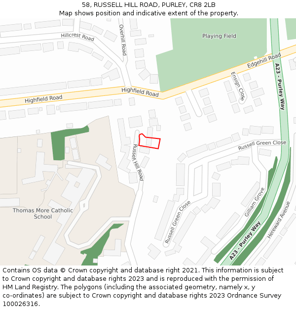 58, RUSSELL HILL ROAD, PURLEY, CR8 2LB: Location map and indicative extent of plot