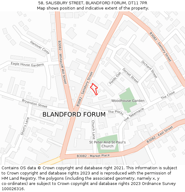 58, SALISBURY STREET, BLANDFORD FORUM, DT11 7PR: Location map and indicative extent of plot