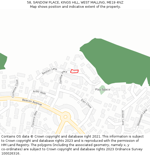 58, SANDOW PLACE, KINGS HILL, WEST MALLING, ME19 4NZ: Location map and indicative extent of plot