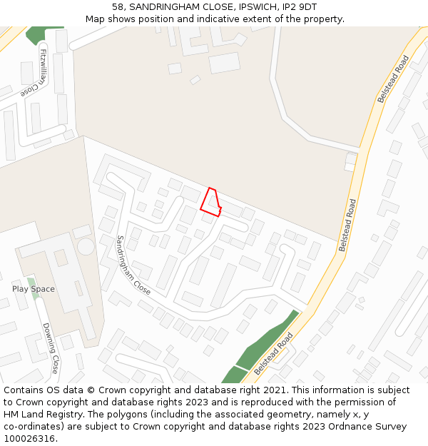 58, SANDRINGHAM CLOSE, IPSWICH, IP2 9DT: Location map and indicative extent of plot