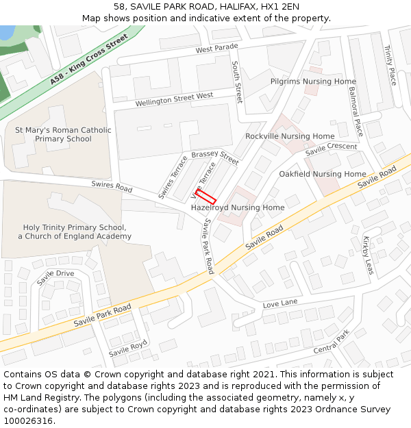 58, SAVILE PARK ROAD, HALIFAX, HX1 2EN: Location map and indicative extent of plot