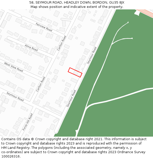 58, SEYMOUR ROAD, HEADLEY DOWN, BORDON, GU35 8JX: Location map and indicative extent of plot