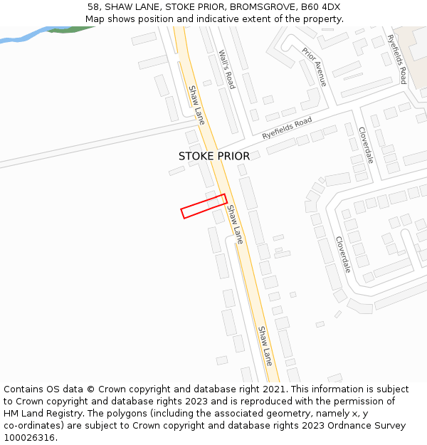 58, SHAW LANE, STOKE PRIOR, BROMSGROVE, B60 4DX: Location map and indicative extent of plot