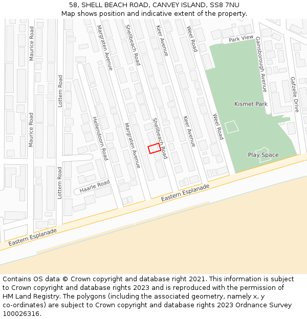 58, SHELL BEACH ROAD, CANVEY ISLAND, SS8 7NU: Location map and indicative extent of plot