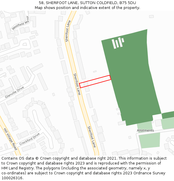 58, SHERIFOOT LANE, SUTTON COLDFIELD, B75 5DU: Location map and indicative extent of plot