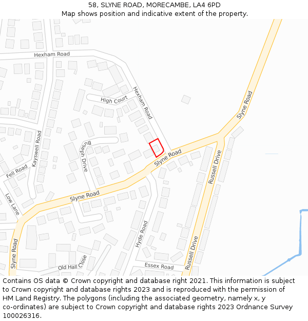 58, SLYNE ROAD, MORECAMBE, LA4 6PD: Location map and indicative extent of plot