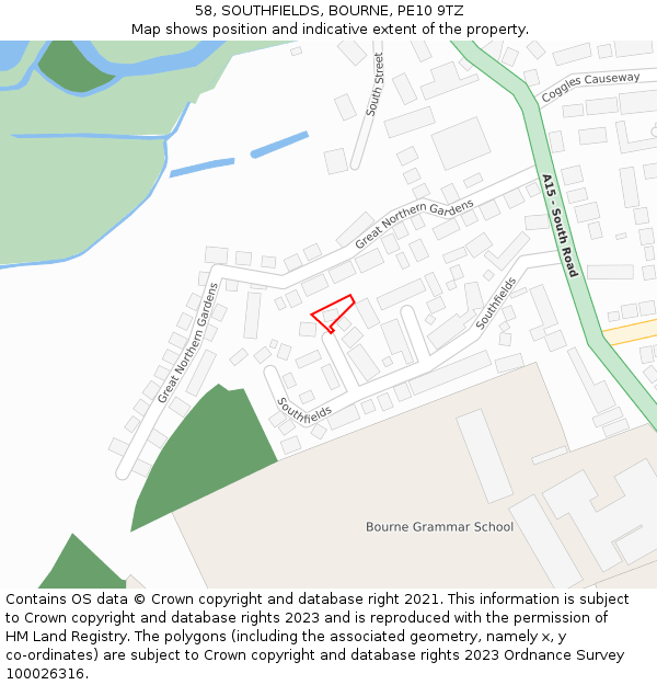 58, SOUTHFIELDS, BOURNE, PE10 9TZ: Location map and indicative extent of plot