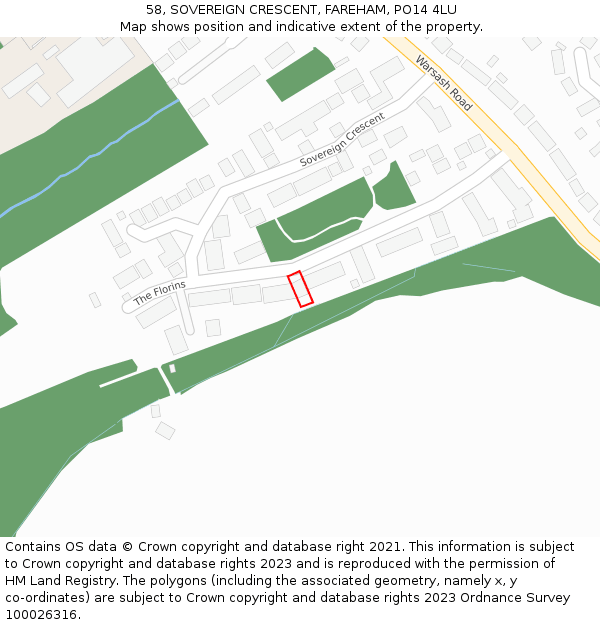 58, SOVEREIGN CRESCENT, FAREHAM, PO14 4LU: Location map and indicative extent of plot