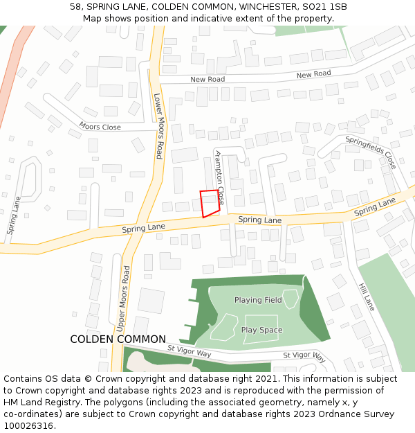 58, SPRING LANE, COLDEN COMMON, WINCHESTER, SO21 1SB: Location map and indicative extent of plot