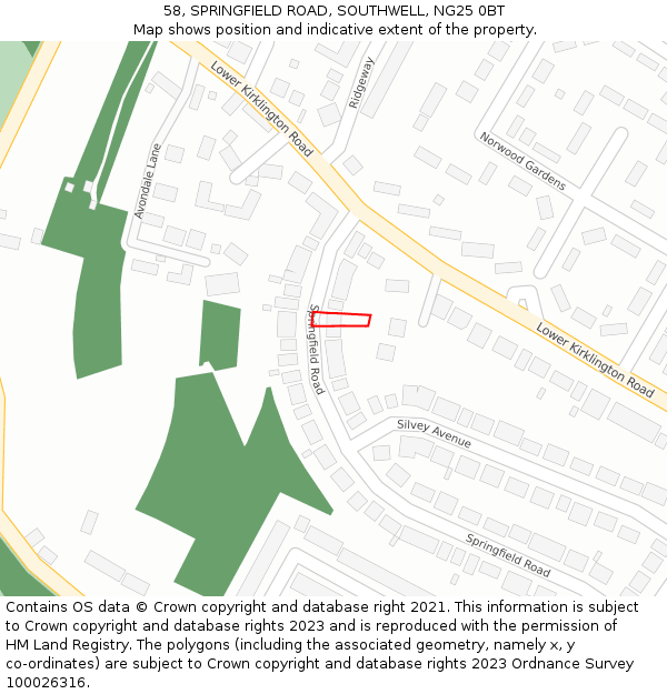 58, SPRINGFIELD ROAD, SOUTHWELL, NG25 0BT: Location map and indicative extent of plot