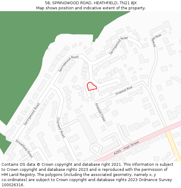 58, SPRINGWOOD ROAD, HEATHFIELD, TN21 8JX: Location map and indicative extent of plot
