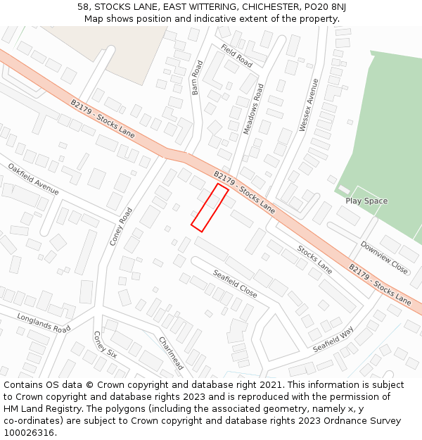 58, STOCKS LANE, EAST WITTERING, CHICHESTER, PO20 8NJ: Location map and indicative extent of plot