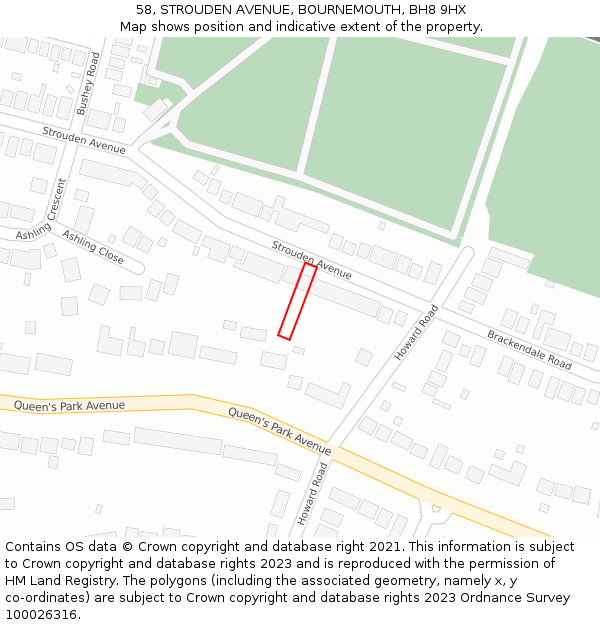 58, STROUDEN AVENUE, BOURNEMOUTH, BH8 9HX: Location map and indicative extent of plot