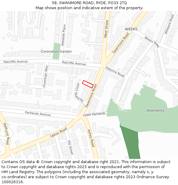 58, SWANMORE ROAD, RYDE, PO33 2TQ: Location map and indicative extent of plot