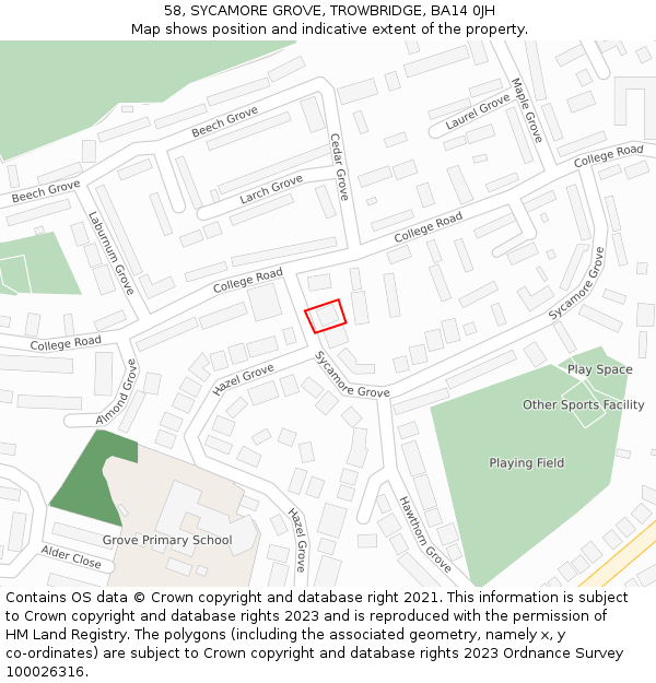 58, SYCAMORE GROVE, TROWBRIDGE, BA14 0JH: Location map and indicative extent of plot