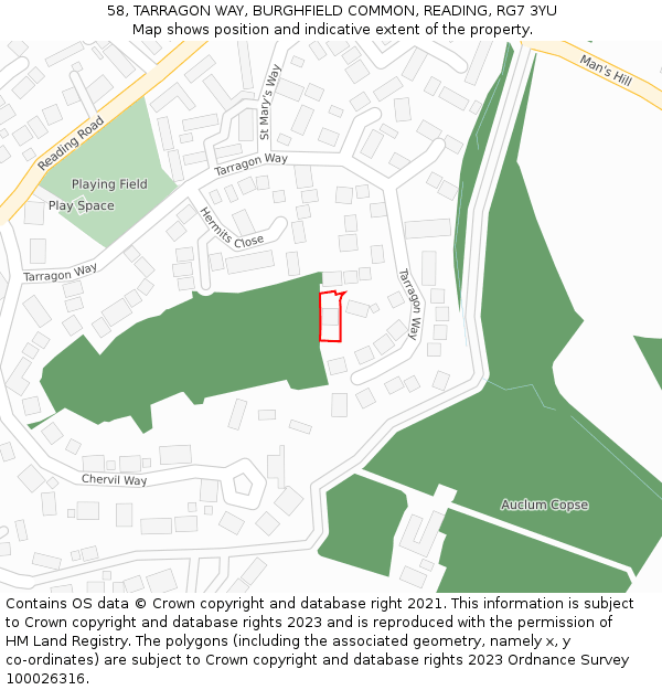 58, TARRAGON WAY, BURGHFIELD COMMON, READING, RG7 3YU: Location map and indicative extent of plot