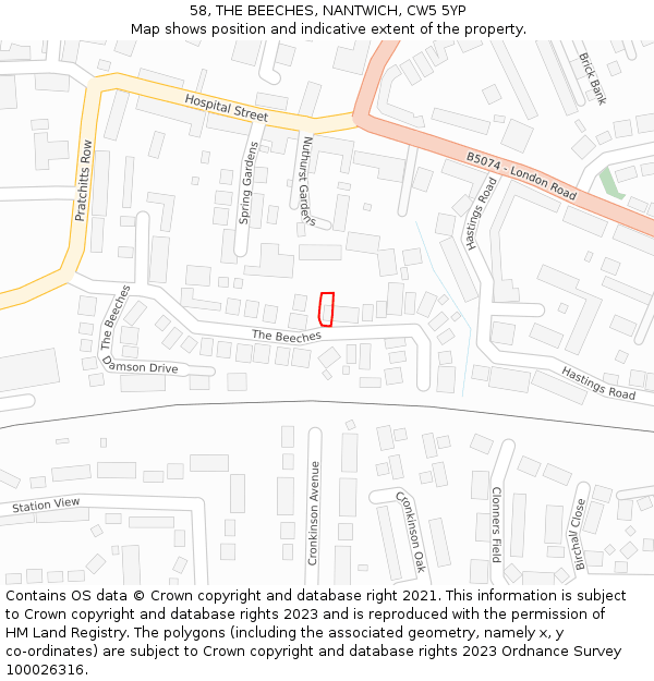 58, THE BEECHES, NANTWICH, CW5 5YP: Location map and indicative extent of plot