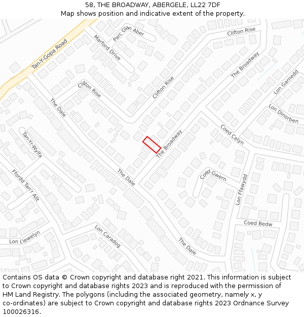 58, THE BROADWAY, ABERGELE, LL22 7DF: Location map and indicative extent of plot