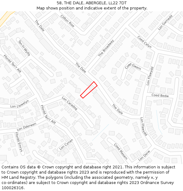 58, THE DALE, ABERGELE, LL22 7DT: Location map and indicative extent of plot