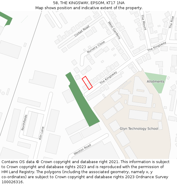 58, THE KINGSWAY, EPSOM, KT17 1NA: Location map and indicative extent of plot