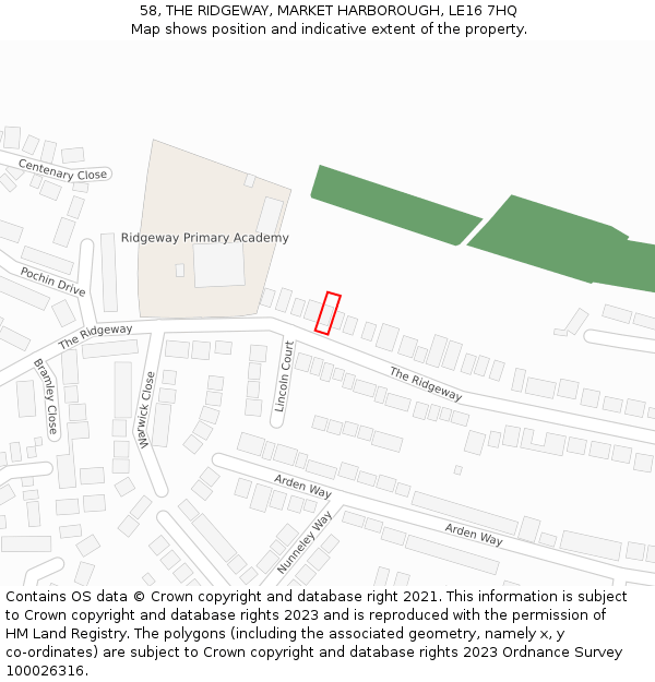 58, THE RIDGEWAY, MARKET HARBOROUGH, LE16 7HQ: Location map and indicative extent of plot