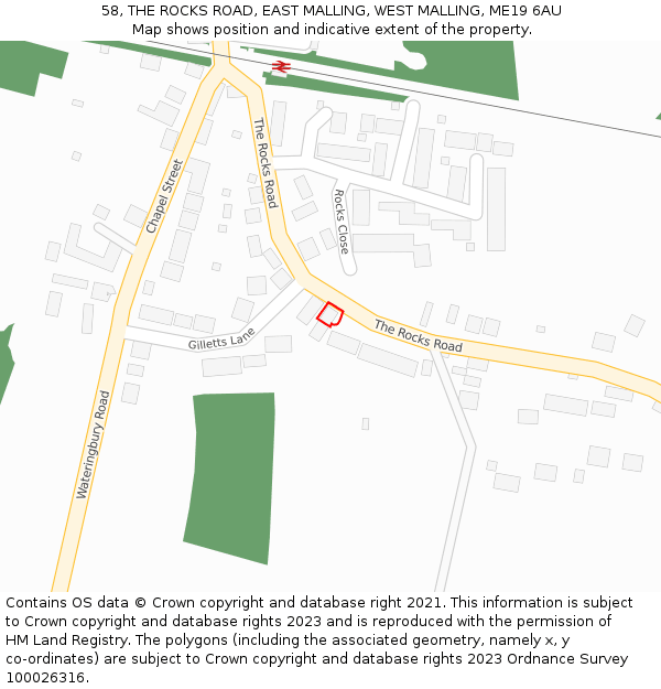 58, THE ROCKS ROAD, EAST MALLING, WEST MALLING, ME19 6AU: Location map and indicative extent of plot