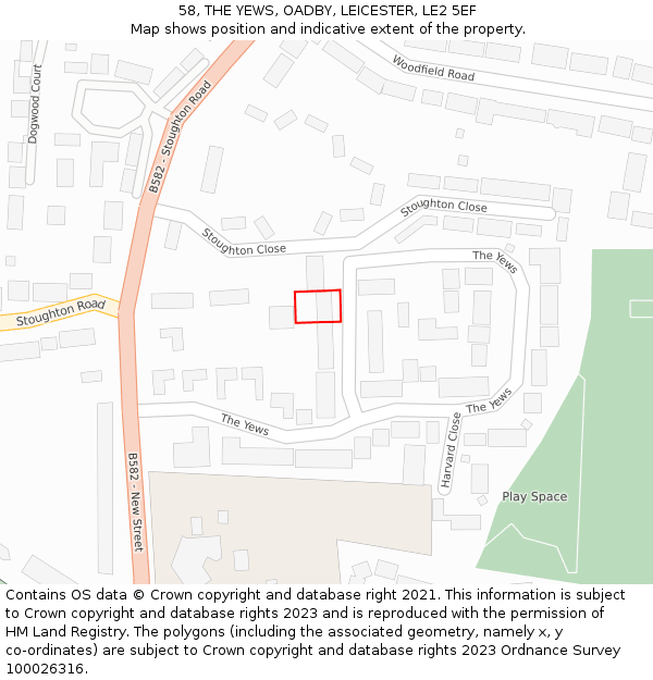 58, THE YEWS, OADBY, LEICESTER, LE2 5EF: Location map and indicative extent of plot