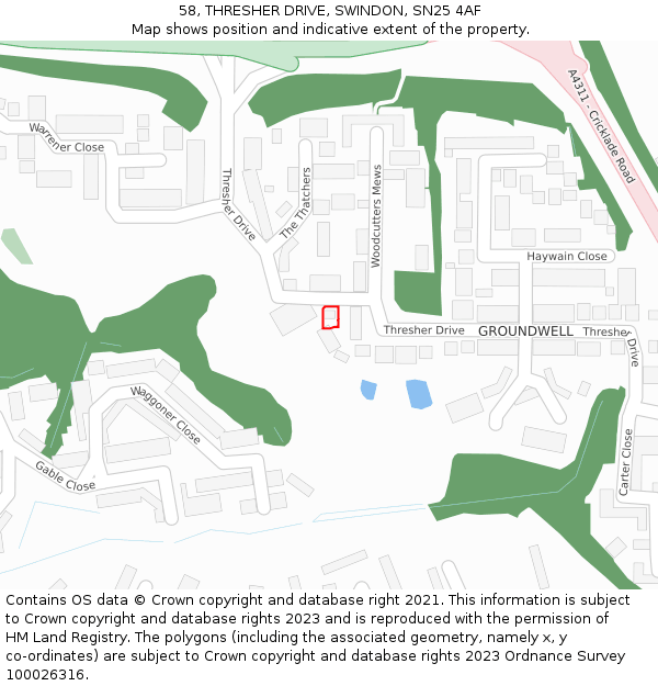 58, THRESHER DRIVE, SWINDON, SN25 4AF: Location map and indicative extent of plot