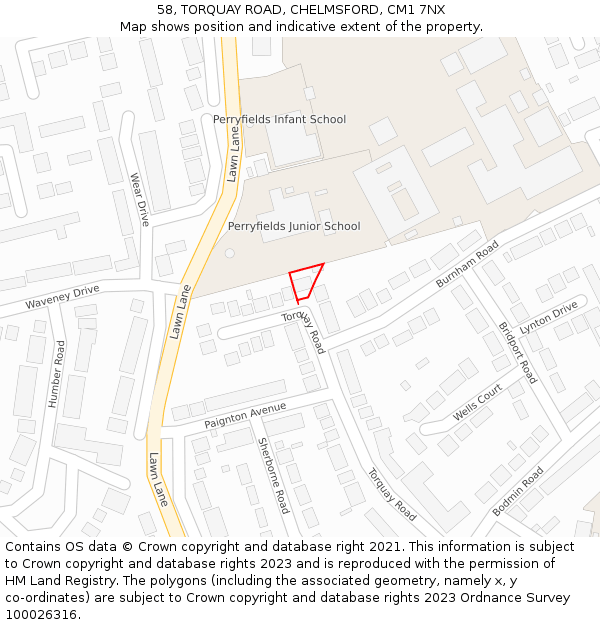 58, TORQUAY ROAD, CHELMSFORD, CM1 7NX: Location map and indicative extent of plot