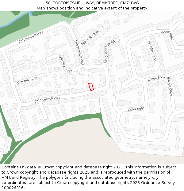 58, TORTOISESHELL WAY, BRAINTREE, CM7 1WG: Location map and indicative extent of plot