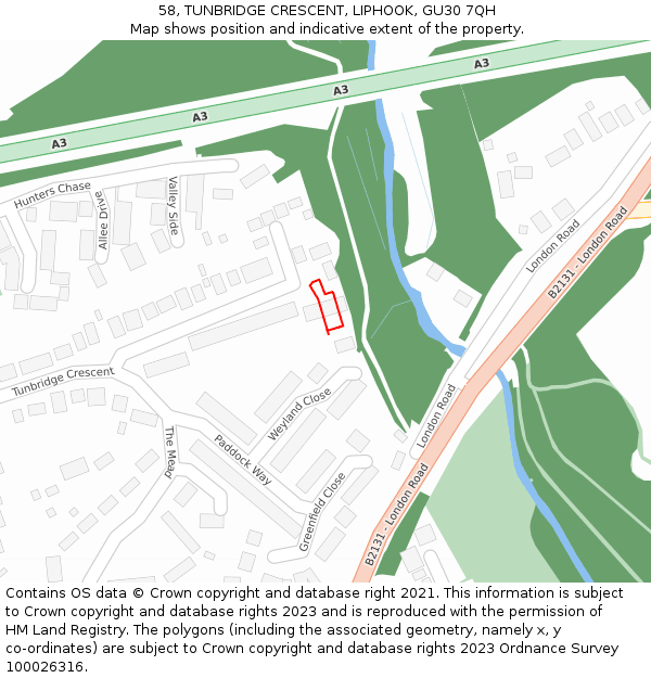 58, TUNBRIDGE CRESCENT, LIPHOOK, GU30 7QH: Location map and indicative extent of plot
