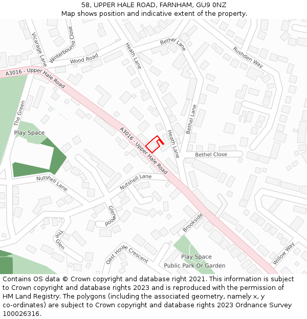 58, UPPER HALE ROAD, FARNHAM, GU9 0NZ: Location map and indicative extent of plot